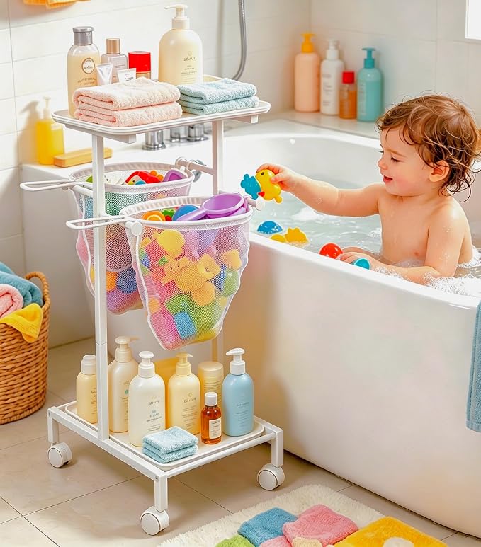 Bath Toy Storage Holder, Quick Drying Bathtub Toy Organizer with 2 Hanging Mesh Net and Shower Caddy, Large Bath Tub Toy Bin Easy Access, Freestanding Bathroom Toys Basket Cart for Toddler by VINAEMO
