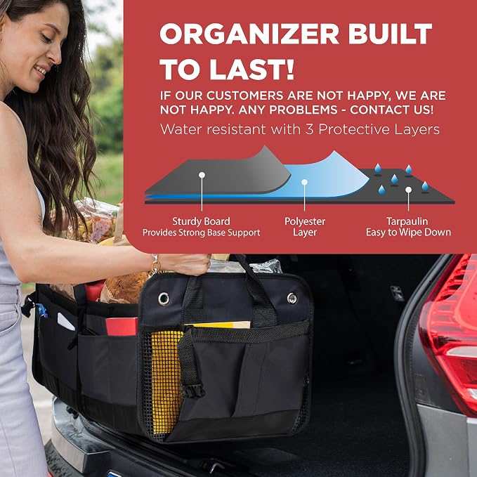 Car Trunk Organizer for SUV & Truck Cargo Storage, Large, Black | Fits Cars, SUVs & Trucks 4 Adjustable Compartments Non-Slip Base & Straps Foldable 11 Pockets Car Accessories - Image 3