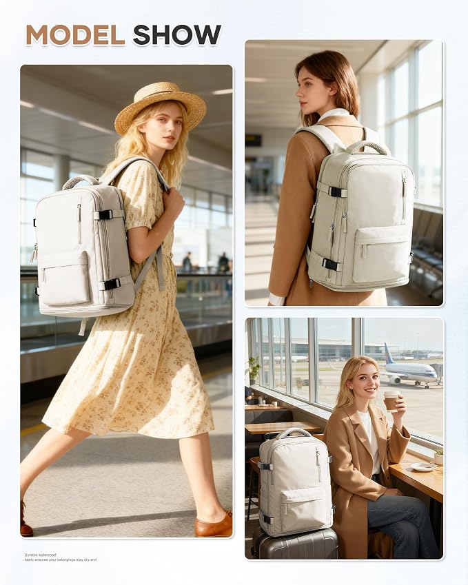 Large Travel Gym Backpack Women Carry On Backpack Flight Approved Hiking Waterproof Rucksack Casual Daypack Laptop bags airplanes Shoes Compartment Personal Item Travel Weekender Bag Essentials Beige - Image 8