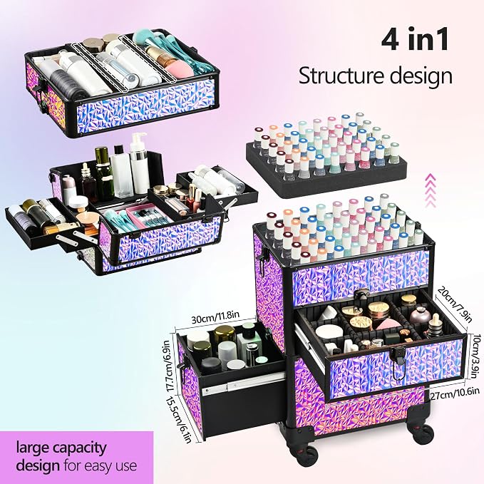 Makeup Train Case with Drawer, Rolling Makeup Case, Cosmetology Case on Wheels, Gift, Large Makeup Case Organizers, Professional for Salon Barber, Nail, Tattoo, Black Colourful - Image 3