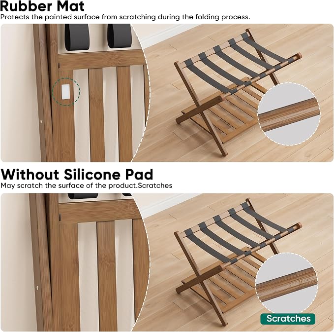 Smuxee Fully Assembled Black Walnut Luggage Rack, Upgraded Bamboo Foldable Suitcase Stand with 5 Nylon Straps, Luggage Holder with Shelf for Guest Room Bedroom Hotel - Image 4