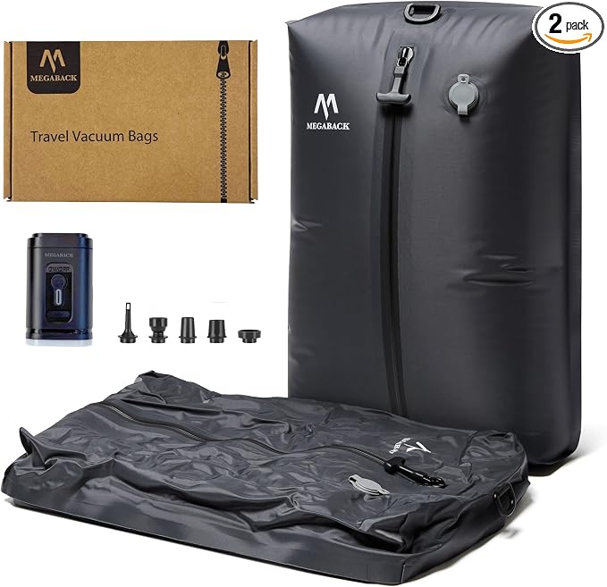 Vacuum Bags for Travel, IP67 Reusable Vacuum Seal Bags for Clothing with Electric Pump, Vacuum Seal Packing cube for Suitcases, Backpack & Travel (2PC+Pump) by MegabackAirbagBackpack