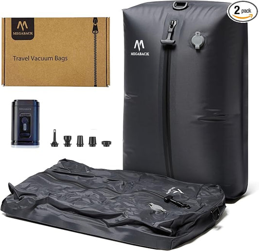 Vacuum Bags for Travel, IP67 Reusable Vacuum Seal Bags for Clothing with Electric Pump, Vacuum Seal Packing cube for Suitcases, Backpack & Travel (2PC+Pump) by MegabackAirbagBackpack