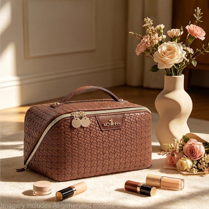 Travel Makeup Bag for Women: Designer 3 Pcs Set Cosmetic Bags for Women - Large Capacity Vagen Leather Hand-made for Toiletry Organizer - Ladies Travel Flat Open Essentials for Luxury (07Brown) - Image 2