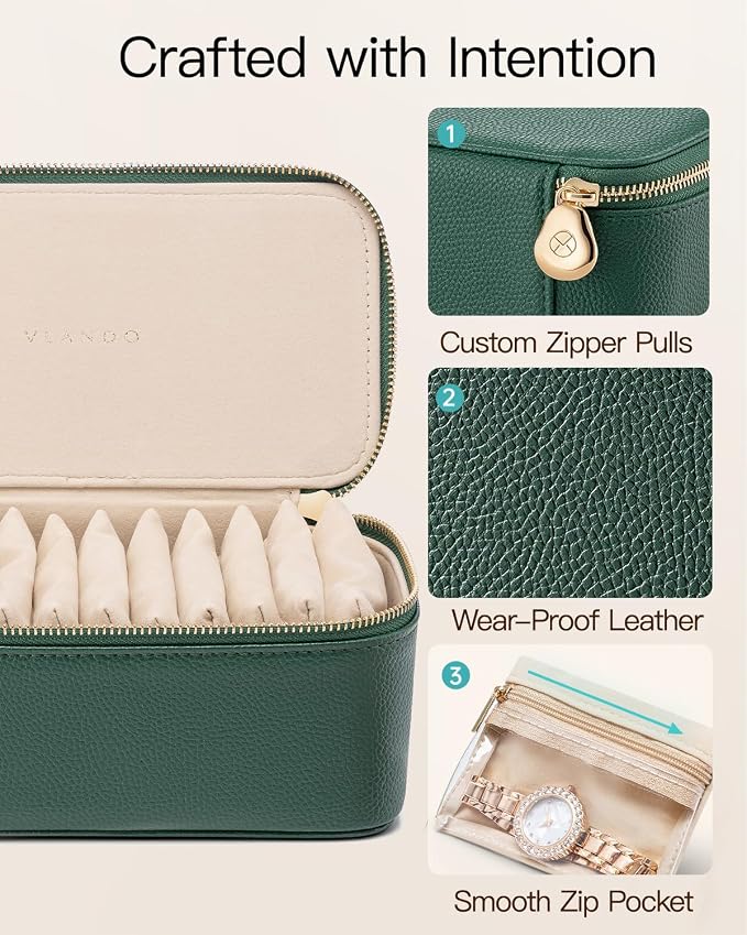 VLANDO Gifts for Teachers,Jewelry Case with 12 Velvet Jewelry Bags Travel Jewelry Organzier for Travelers Necklace Rings Earrings Jewelry Bags Birthday Wedding Gifts (Green) - Image 4