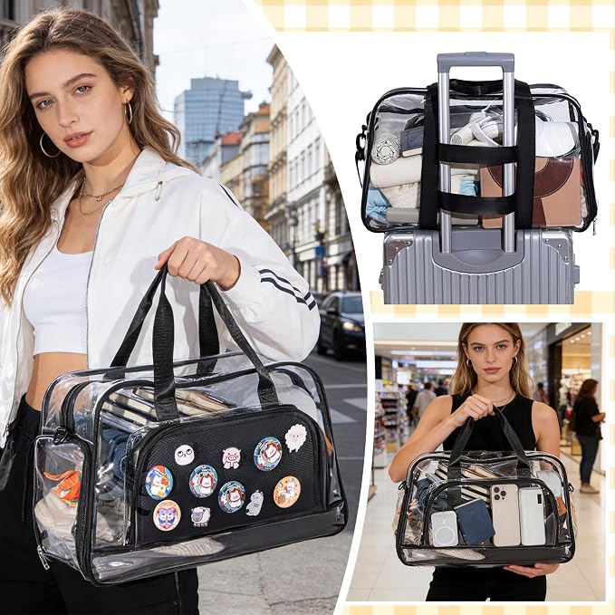 Clear Duffle Bag for Women with Anime Pins Display & Shoe Compartment, Waterproof and Convertible Crossbody for Anime Conventions, Stadium Events, Yoga, Travel & Gym (black) - Image 7