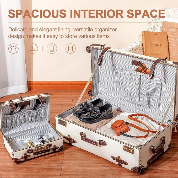urecity 26" Vintage Luggage Set, 2 Piece Holy White Retro Checked Suitcase with Cosmetic Case, Luxury Vegan Leather Aluminum Frame Spinner Trunk for Women (with Protective Clear Cover) - Image 8