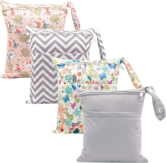 Kingrol 4 Pack Waterproof Wet Dry Bags for Baby Cloth Diaper, Travel Bag with Two Zippered Pockets and Snap Handle for Baby Items Beach Pool Swimsuits Yoga Gym Clothes Toiletries by Kingrol