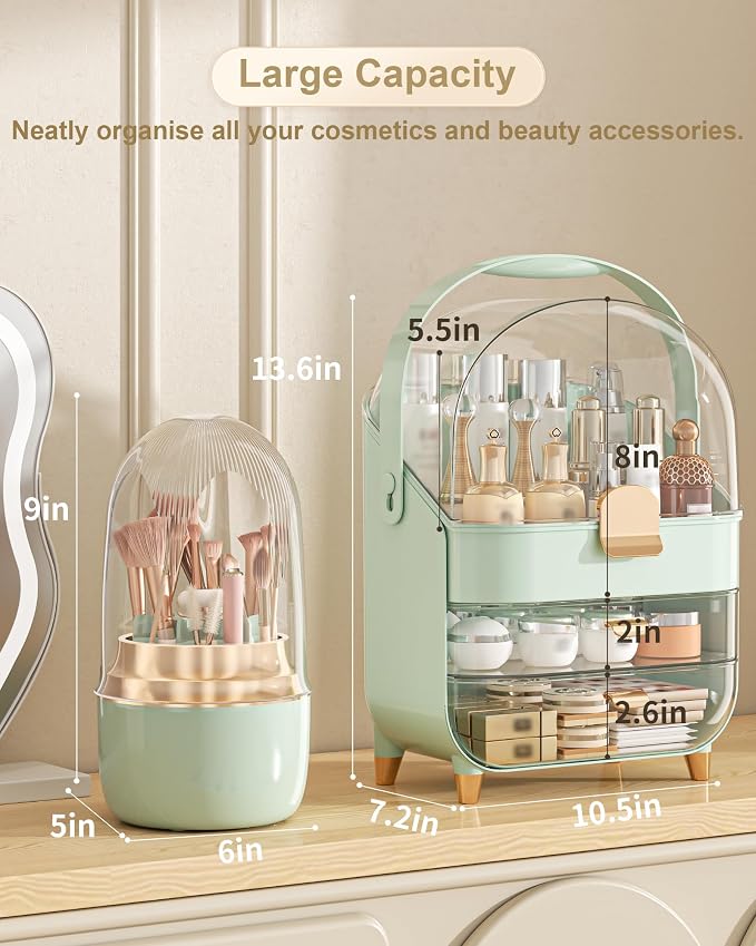 Makeup Organizer Countertop, Skincare Holder Bathroom Counter Organizer, Storage Box Cosmetic Display Cases, Teen Girl Gifts Make up Organizers (Green/Brush) - Image 2