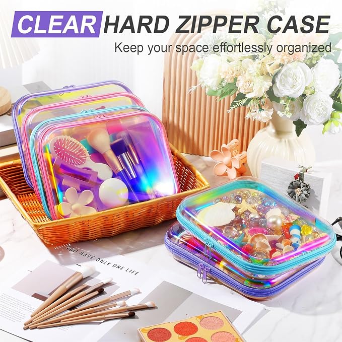 Sanwuta 6 Pcs Clear Hard Zipper Case Plastic Zipper Pouches Transparent Makeup Bag Pencil Case Pouches Toiletry Diaper Bag for Travel Toy Storage Organizer Bins(Holographic,9.84 x 7.87 x 2 Inch) - Image 5