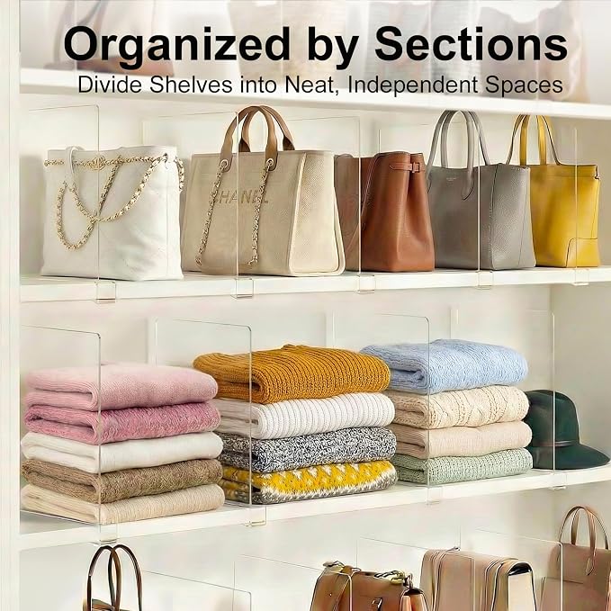 Purse Organizer for Closet Shelf Dividers: 11-inch Tall (Higher Version) Adjustable Clear Acrylic Bag Storage Organizer for Handbags, Sweaters, Towels, Jeans and Shoes on Wood Shelves 8-Pack - Image 4