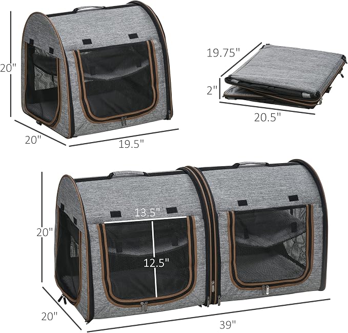 PawHut 39" Portable Soft-Sided Cat Carrier, Cat Kennel, Travel Dog Crate with Divider, Two Compartments, Soft Cushions & Storage Bag, Easy to Fold, Light Gray | Cat Kennel, Travel Dog Crate with Divider, Soft Cushions & Storage Bag, Easy to Fold - Image 3