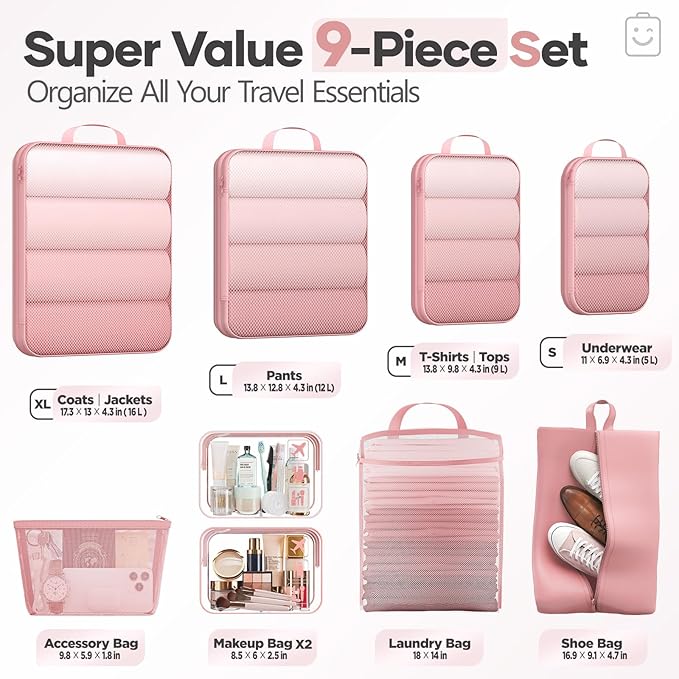 Veken 9/11 Set Compression Packing Cubes Garment Bags for Travel Essentials,Compressible Expandable Luggage Organizer Bags for Clothing,Space Saver Bags with Over 1000 pcs of Mesh Holes(Pink) - Image 2