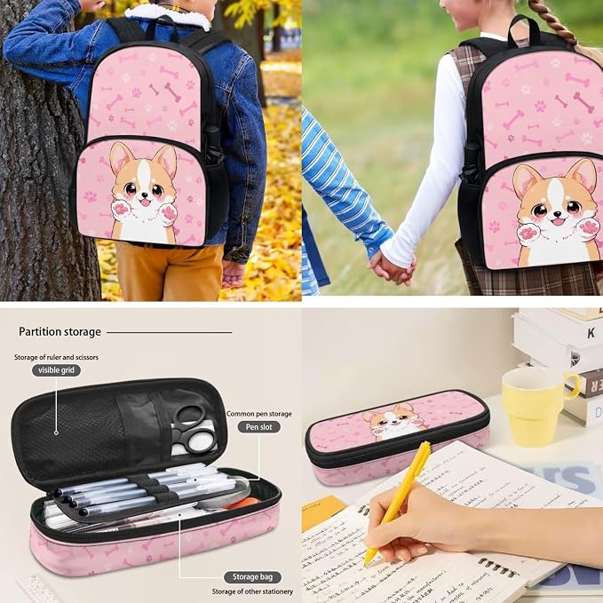 POLERO Pink Corgi Backpack for Corgi Dog Lovers 4Pcs Bookbag with Lunch Box Pencil Case Water Bottle Cover School Bag Set for Girls 4-6 for Preschool First Grade - Image 4