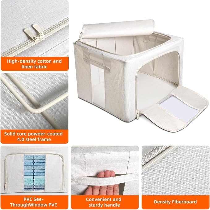 Foldable Clothes Storage Bins with Solid core powder-coated steel fram, 24/ 66L Storage Bags Fabric Box Organizer with Clear Window Zippers Sturdy Handles 2 Pack (Beige, 66L 1Pack) - Image 3