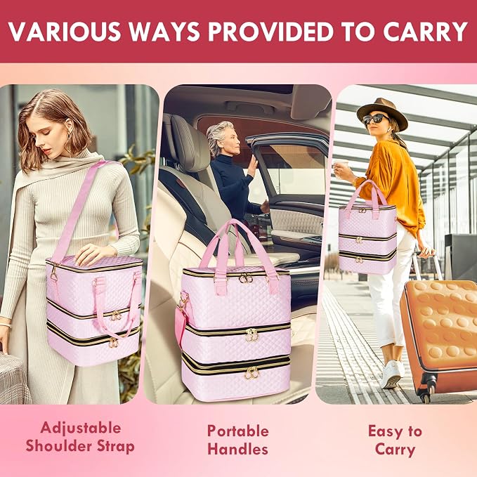 Nail Polish Organizer Bag Hold 84 Bottles(15ml/0.5 fl.oz), 3 Layers Nail Kit Supplies Organizer Bag Travel, Nail Organizers and Storage Case with Holder & Shoulder Strap, pink - Image 5