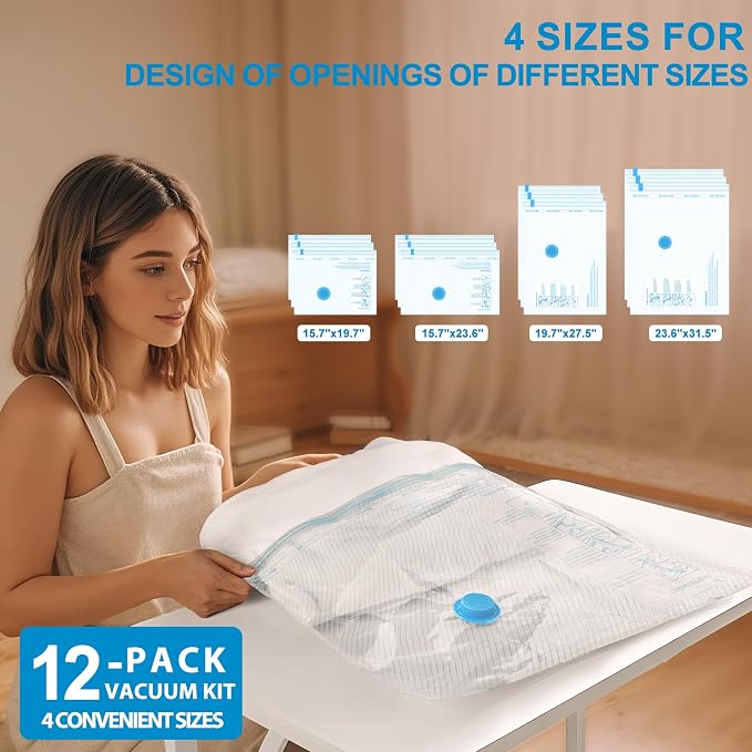 Vacuum Seal Bags for Clothing Travel, 12 Pack Vacuum Storage Bags for Clothes with Portable Electric Pump, Space Saver Bags for Luggage Traveling and Clothing - Image 2
