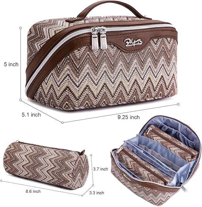 BOYATU Travel Makeup Bag for Women: Western Boho Make up Bag Set of 3 - Large Capacity Vegan Leather Cosmetic Bag - Waterproof Toiletry Bag with Compartments & Handle & Divider(J-2-Brown) - Image 2