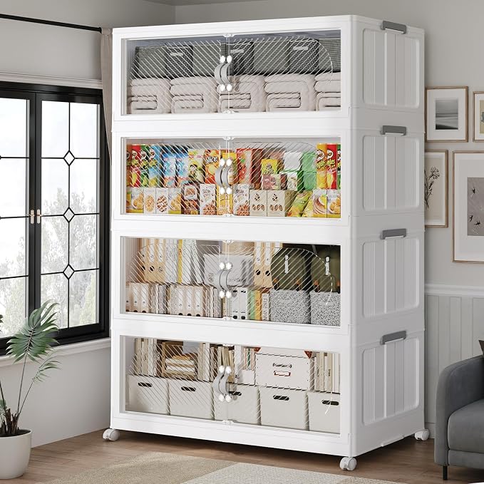 120Gal/480QT 4-Tiers Extra Large Stackable Storage Bins with Lid, Collapsible Cabinet Closet Organizer Plastic Container Box with Wheels Doors Drawers for Office Dorm Kitchen, White by Unknown