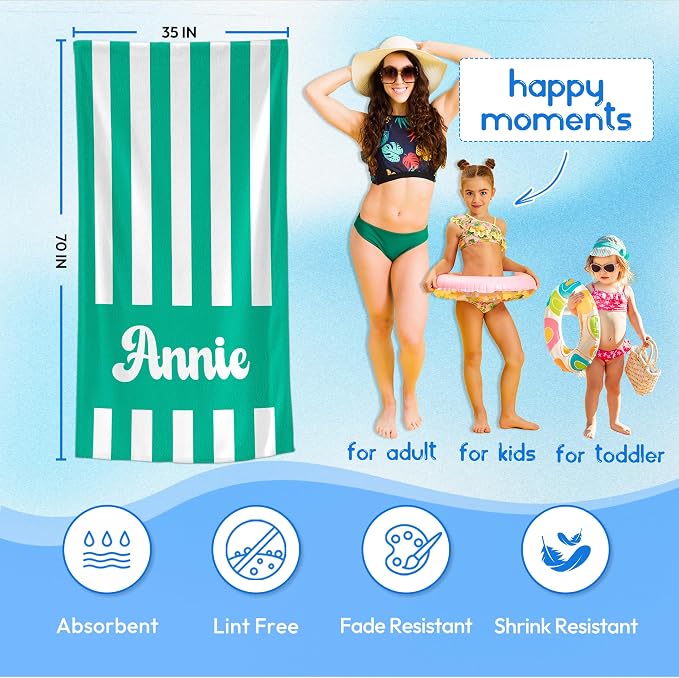 JML Personalized Beach Towel with Name, Custom Cabana Stripe Beach Towel, Customized Microfiber Pool Towel, Quick Dry & Absorbent Swim Towel for Adult,Mother's Day, Birthday, Summer Holiday,Vacation - Image 3