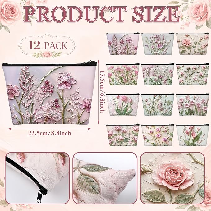 Sweetude 12 Pcs Pink Relief Flower Makeup Bags Bulk Pink Portable Travel Cosmetic Bags with Zipper Oil Painting Floral Waterproof Roomy Travel Toiletry Organizer Storage Beauty Pouch for Women Gifts - Image 3