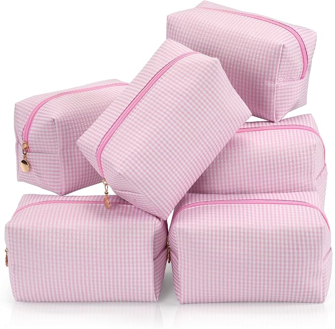 Makeup Bag Set for Women, 6PCS Travel Cosmetic Bags Pencil Case, Checkered Seersucker Toiletry Organizer Pouches, Cute Makeup Pouch for Purse, Accessories and Gifts, Pink Gingham by Unknown
