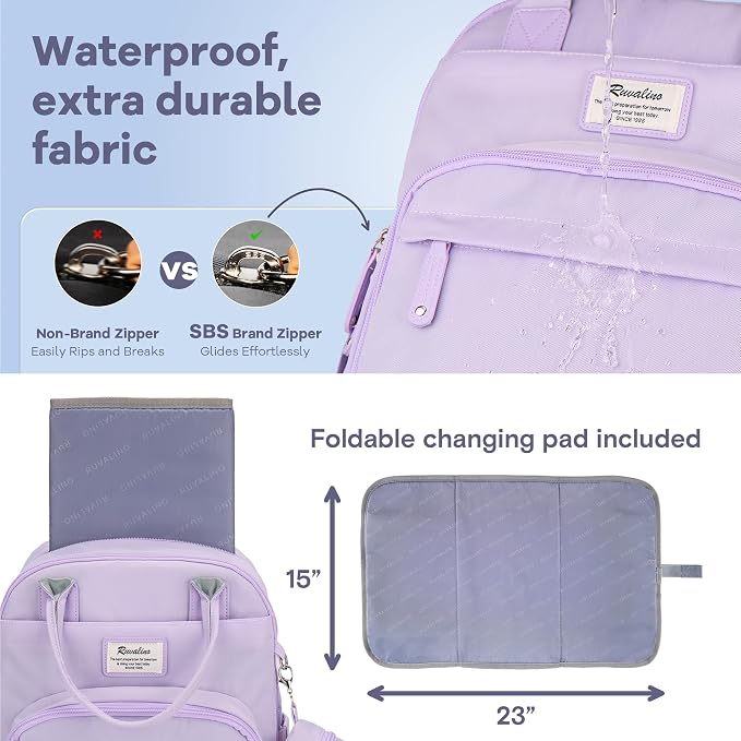 RUVALINO Diaper Bag Backpack, Multifunction Travel Pack Maternity Baby Changing Bags, Large Capacity, Waterproof, Taro Purple - Image 5