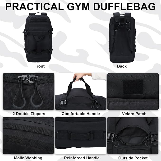 3-in-1 Tactical Gym Duffel Backpack, Travel Sports Bag for Overnight | Works as a range bag or motorcycle backpack, ideal for gym, travel, camping, hunting, and gear organization - Image 2