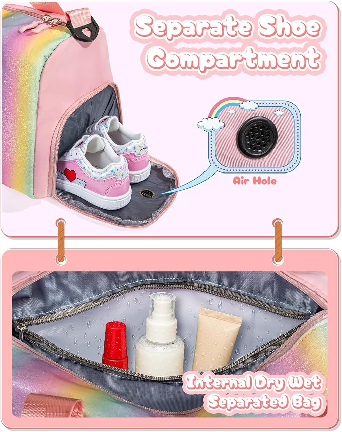 Preppy Gifts-Girl Gym Bag with Shoe Compartment, Kid Personalized Weekender Overnight Bags, Initial Travel Tote with Makeup Pouch, Gift for 3 4 5 6 7 8 9 10 11 12 Year Old Girls (Letter S) - Image 7