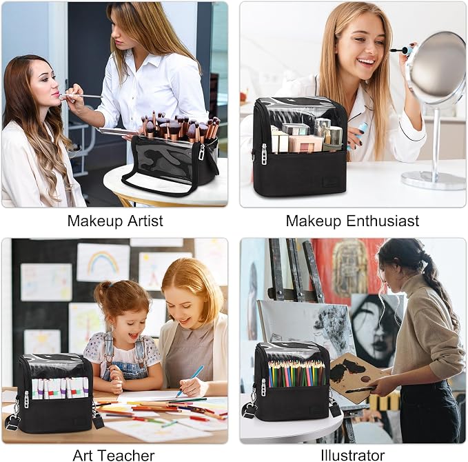 Makeup Brush Bag, Makeup Brush Holder Travel Stand-up Makeup Cup Large Makeup Brush Organizer Case Professional Cosmetic Bag Artist Storage Bag with Adjustable Divider (Large, Black) - Image 5
