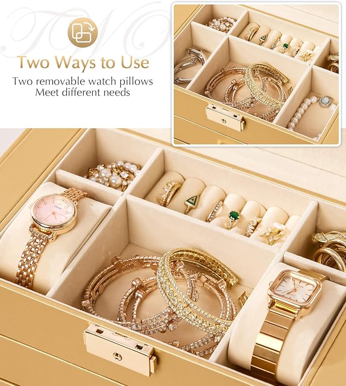 Homde Synthetic Leather Huge Jewelry Box Mirrored Watch Organizer Necklace Ring Earring Storage Lockable Gift Case (Gold) - Image 4