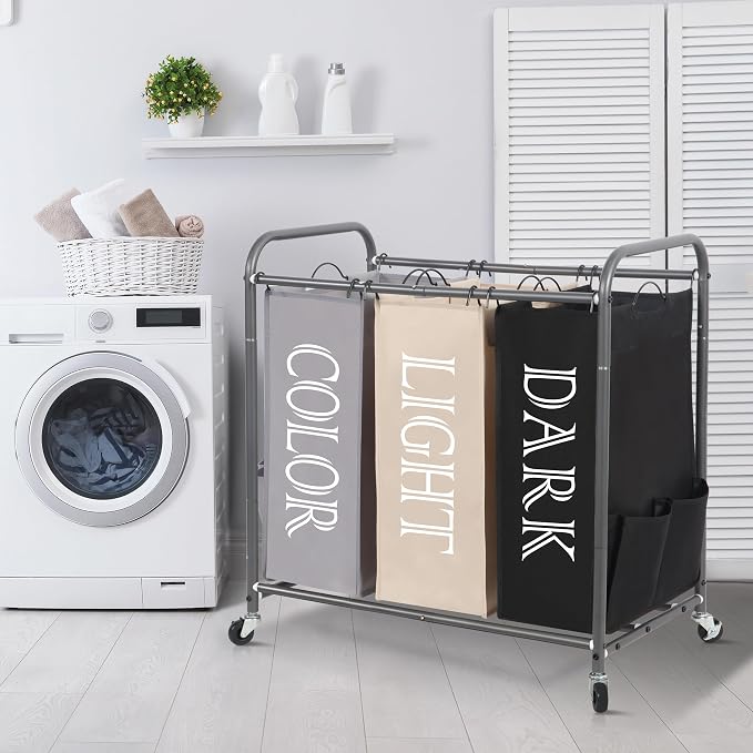 STORAGE MANIAC 3 Section Laundry Sorter, 35.6 Gal (135 L) Laundry Hamper Cart with Heavy Duty Rolling Lockable Wheels and Removable Bags, Clothes Organizer Basket Separator Hamper, Multicolored - Image 6