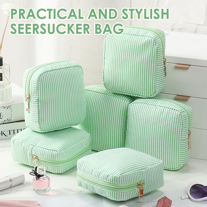 Sanwuta 6 Seersucker Cosmetic Bag Bulk Striped Makeup Bag for Women Aesthetic Cute Travel Toiletry Organizer Preppy Storage Pouch for Wedding Bridesmaid Mother's Day Teacher Gift (Small,Green) - Image 4