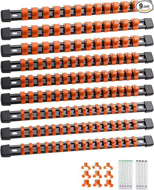 ALOANES 9PC Socket Organizer, Socket Rails Fit 1/2", 1/4" and 3/8" Drive | Heavy Duty ABS Socket Holders Hold up 129 Sockets for Mechanics Toolbox Drawer Bags(Orange) by Aloanes