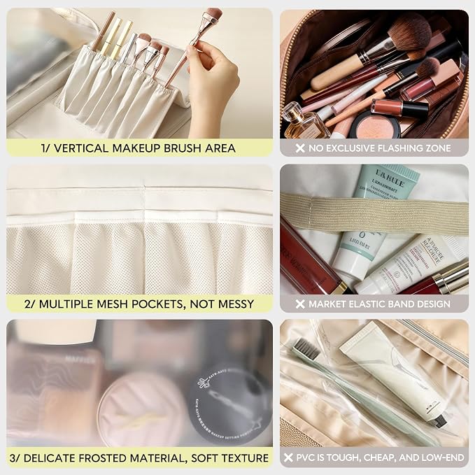 GIVLEFLY Luxury Hanging Makeup Bag for Women, Large 4-Layer Foldable Waterproof Cosmetic & Skincare Organizer with Handle, Fits Suitcase & Train Seat for Travel（beige） - Image 5