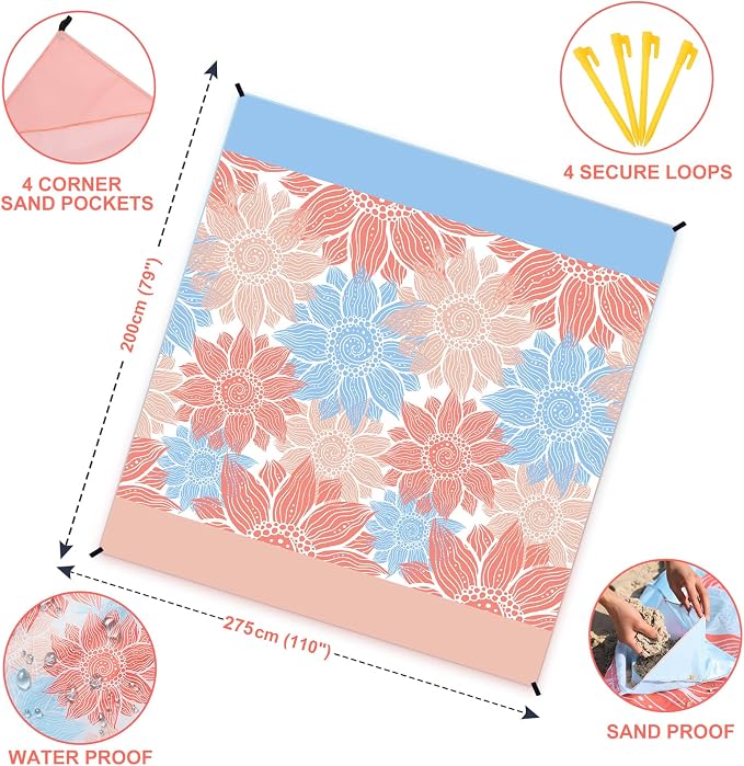 WIWIGO Beach Blanket Sandproof Extra Large Beach Mat Adults Waterproof Quick Drying Sand Free Mat Made by Premium Polyester with 4 Stakes & 4 Corner Pockets for Outdoor Travel Camping Hiking - Image 2