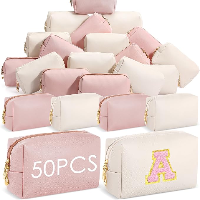 50 Pcs Makeup Bag Bulk PU Leather DIY Cosmetic Plain Preppy Makeup Pouch Portable Waterproof Toiletry Bags for Women Travel Pencil Case Cosmetic Organizer (Pink and Beige) by Cunno