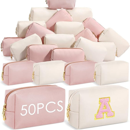 50 Pcs Makeup Bag Bulk PU Leather DIY Cosmetic Plain Preppy Makeup Pouch Portable Waterproof Toiletry Bags for Women Travel Pencil Case Cosmetic Organizer (Pink and Beige) by Cunno