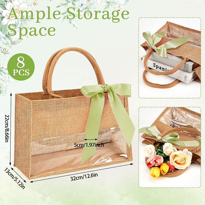 gisgfim 8 Pack Burlap Tote Bags Bachelorette Gift Bag with Clear PVC Window and Sage Green Ribbon DIY Bridesmaids Gift Bag Reusable Grocery Bags with Handle for Wedding Beach Shower Party - Image 2