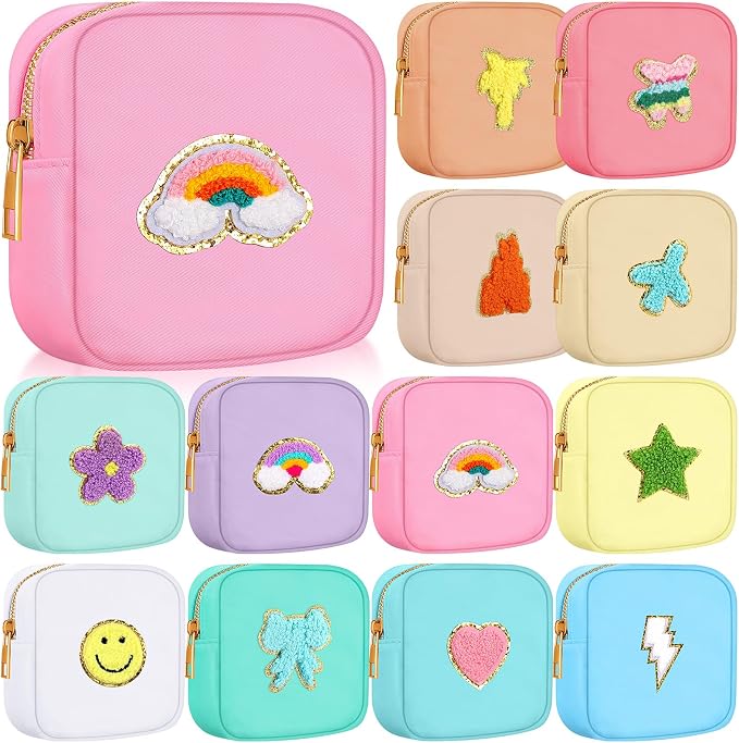 Sumind 12 Pcs Preppy Patch Makeup Bag Bulk Cute Mini Pouch Bag Gift Nylon Travel Cosmetic Toiletry Portable Organizer Storage Purse Small Zipper Pouch Daily Use Storage Purse for Women by Sumind