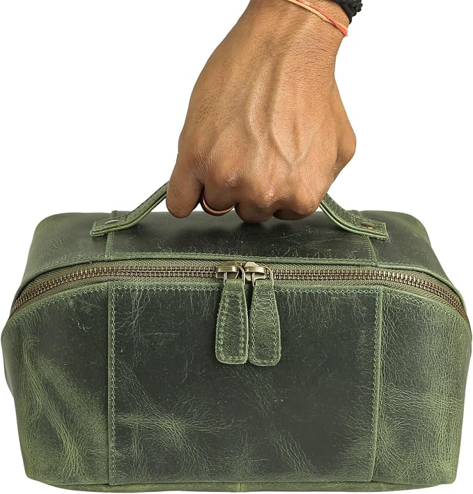 KomalC Luxury Leather Men’s Toiletry Travel Bag – Handmade Shaving Kit with Waterproof Interior, Spacious Storage & Carry Handle – leather travel Kit Bag for Men & Women (Green) - Image 5