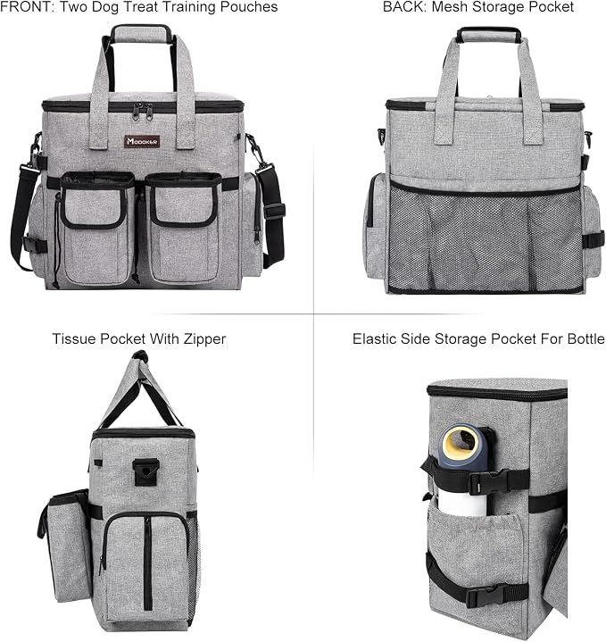 Dog Travel Bag, Airline Approved Pet Travel Bag with 2 Dog Treat Training Pouches for Weekend Pet Travel Supplies & Accessories, Light Grey | Dog travel accessories set with feeding supplies, bowls, mat, and strap. Ideal for weekend trips. - Image 4