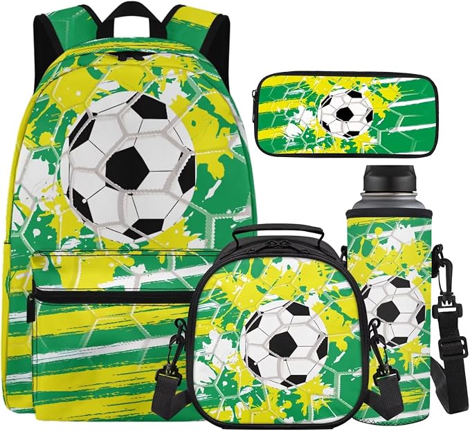 4Pcs Football Backpack for Boys with Lunch Box 8-10 Boys Bookbag with Pencil Case Water Bottle Sleeve Preschool Elementary Student Teens Kids School Bookbag Set by Unknown