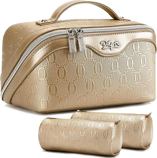 BOYATU Travel Makeup Bag for Women: Cosmetic Organizer Bag with Compartments - Leather Make up Bags Set of 3 (G-5-Gold Yellow) by BOYATU