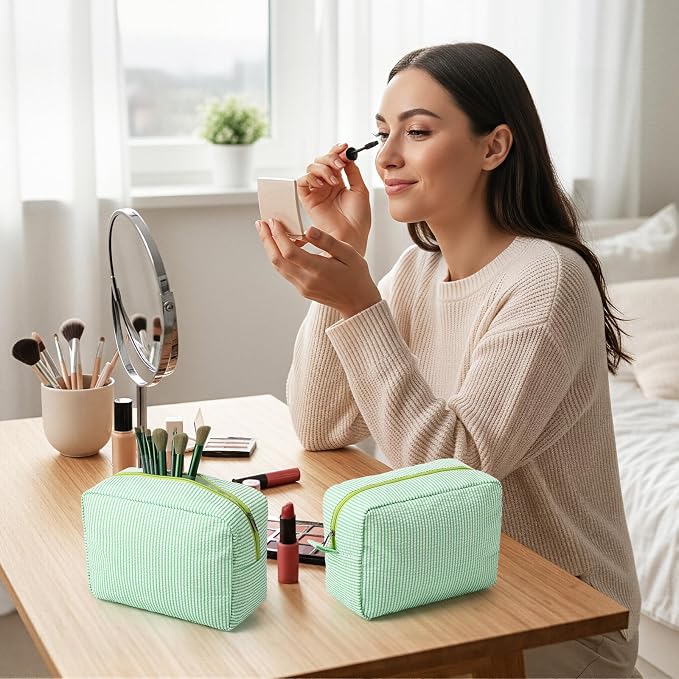 Sanwuta 6 Seersucker Cosmetic Bag Bulk Striped Makeup Bag for Women Aesthetic Cute Travel Toiletry Organizer Preppy Storage Pouch for Wedding Bridesmaid Mother's Day Teacher Gift (Large,Green) - Image 4