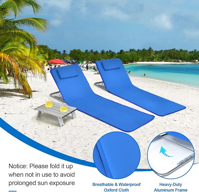 GYMAX Beach Chairs, Folding Tanning Lounge Chairs with Table Set, Adjustable Patio Floor Chair, Outdoor Sunbath Chair with Desk, Pillow & Storage Bag for Outside, Patio, Poolside (Blue) - Image 3
