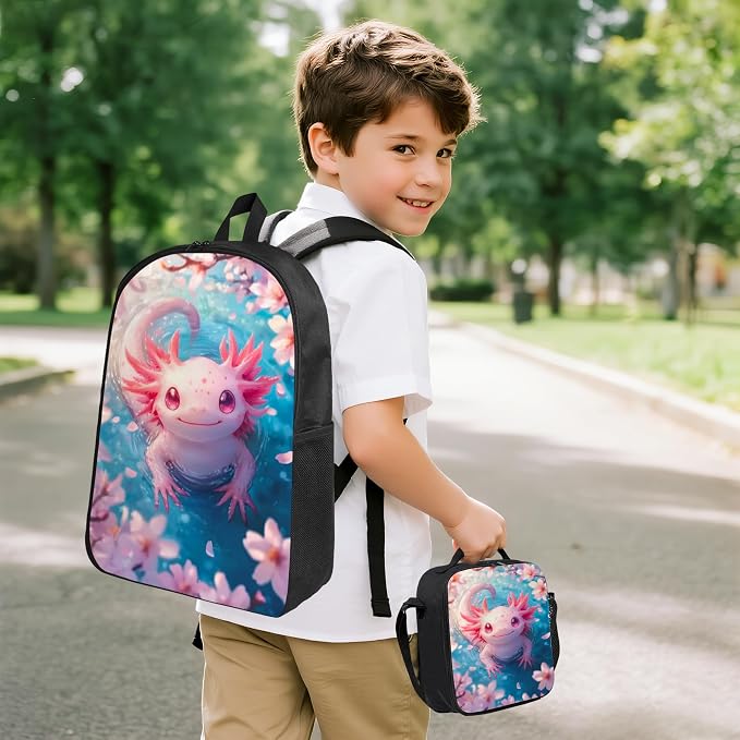 Axolotl Kid Backpack Set with Lunch Bag & Pencil Case Large Capacity School Bag 17 Inch Bookbag for Boy Girl - Image 2