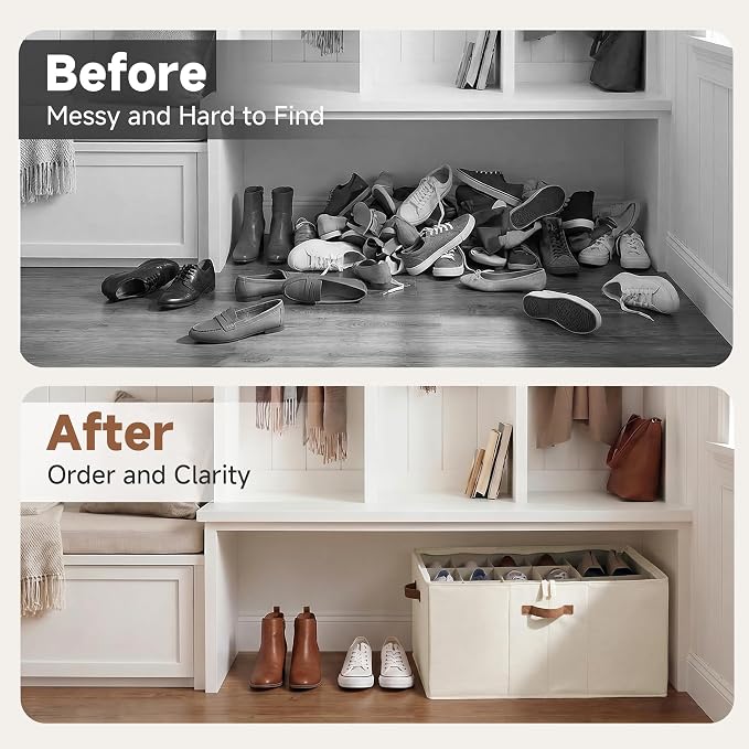 StorageWorks Shoe Organizer for Closet, Fits up to 24 Pairs, Shoe Cubby Storage Containers with Adjustable Dividers and Clear Cover, Beige - Image 6