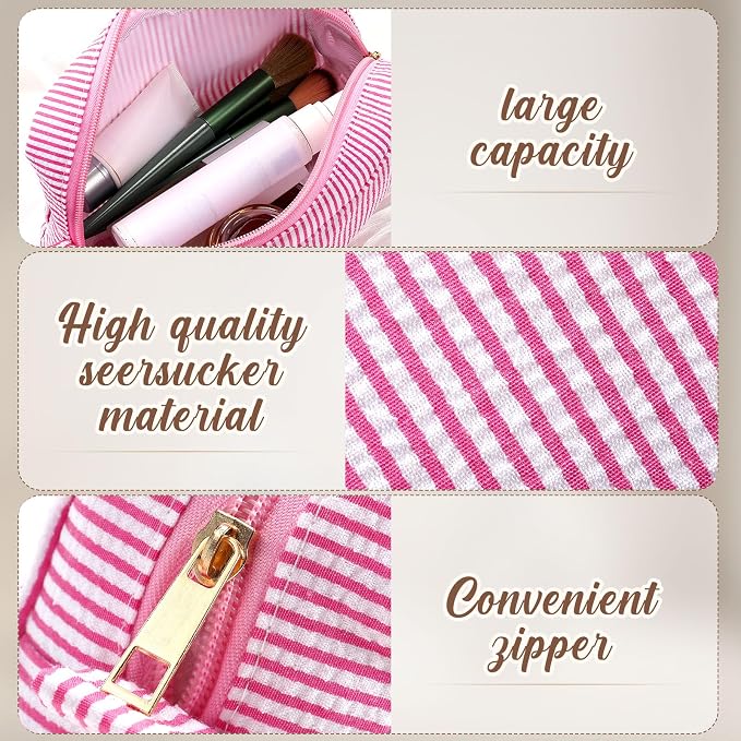 Sanwuta 10 Pcs Seersucker Cosmetic Bag Seersucker Makeup Bag Women Stripe Large Travel Toiletry Organizer Preppy Storage Pouch for Embroidery Wedding Bridesmaid Bride Mom (Multicolor) - Image 3