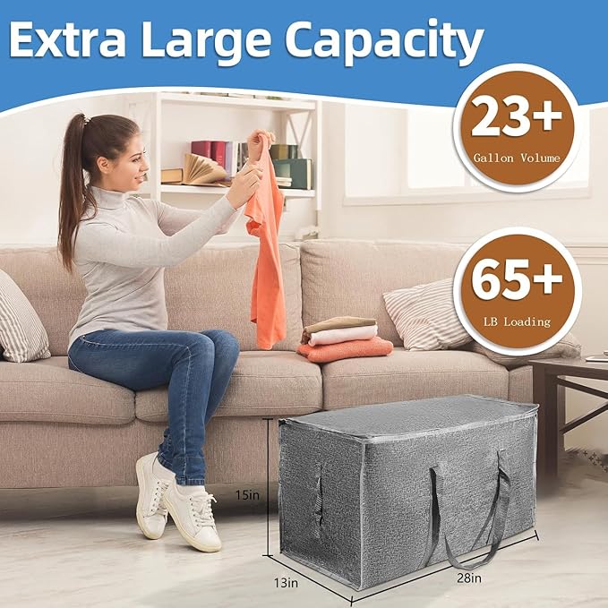 16 Pack-Extra Large Heavy Duty Moving Bags - Waterproof Storage Totes with Handles & Zippers, Foldable for College Dorm, Storage (Gray) - Image 3